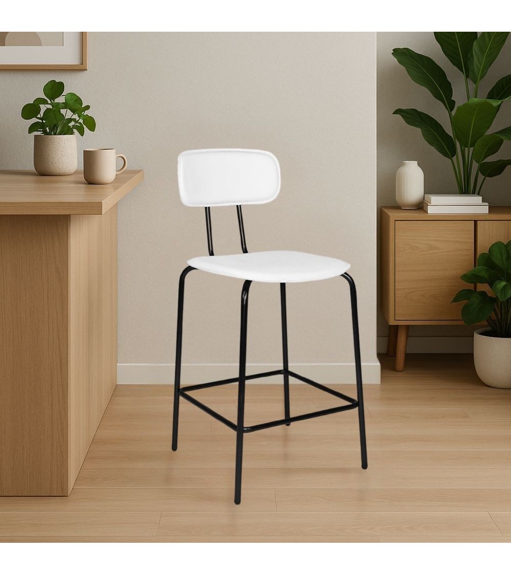 Sgabello Glami in pvc effetto cuoio bianco con struttura in metallo nera