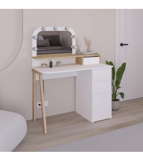Toeletta Avien con specchio con cornice luci LED colore bianco e rovere