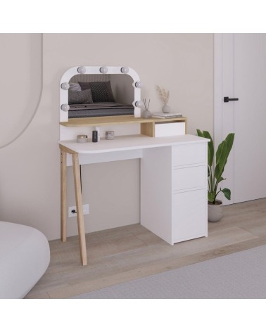 Toeletta Avien con specchio con cornice luci LED colore bianco e rovere