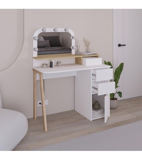 Toeletta Avien con specchio con cornice luci LED colore bianco e rovere