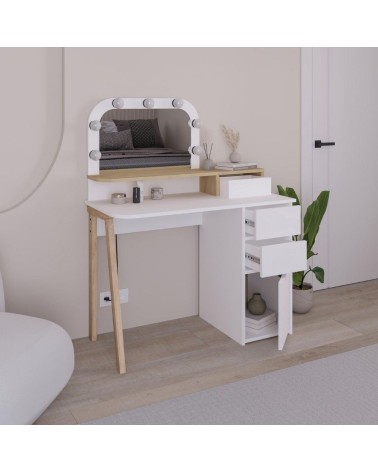 Toeletta Avien con specchio con cornice luci LED colore bianco e rovere