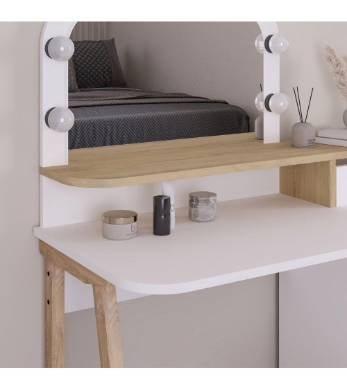 Toeletta Avien con specchio con cornice luci LED colore bianco e rovere