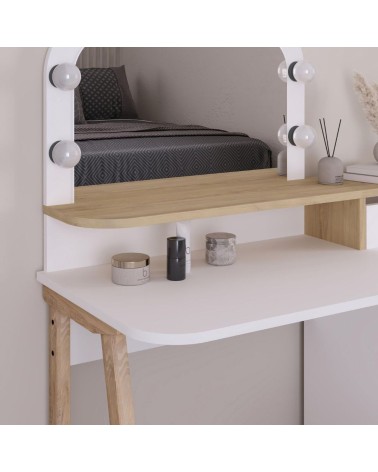 Toeletta Avien con specchio con cornice luci LED colore bianco e rovere