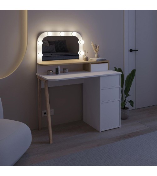 Toeletta Avien con specchio con cornice luci LED colore bianco e rovere