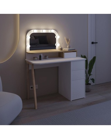 Toeletta Avien con specchio con cornice luci LED colore bianco e rovere