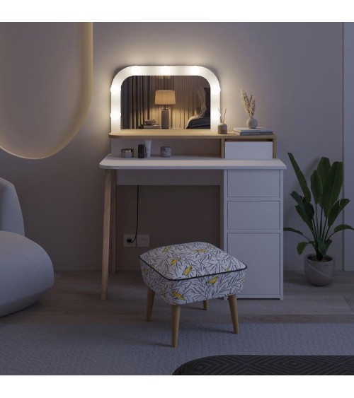Toeletta Avien con specchio con cornice luci LED colore bianco e rovere