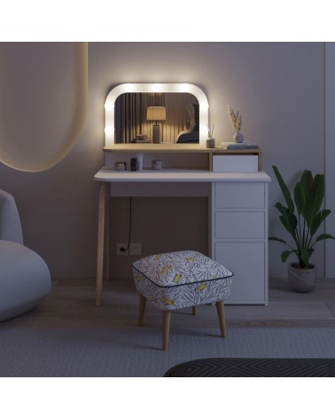 Toeletta Avien con specchio con cornice luci LED colore bianco e rovere