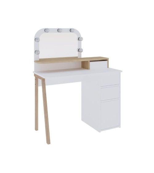 Toeletta Avien con specchio con cornice luci LED colore bianco e rovere