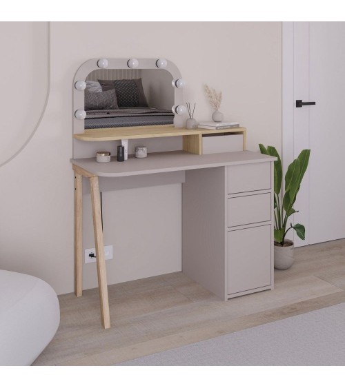 Toeletta Avien con specchio con cornice luci LED colore tortora e rovere