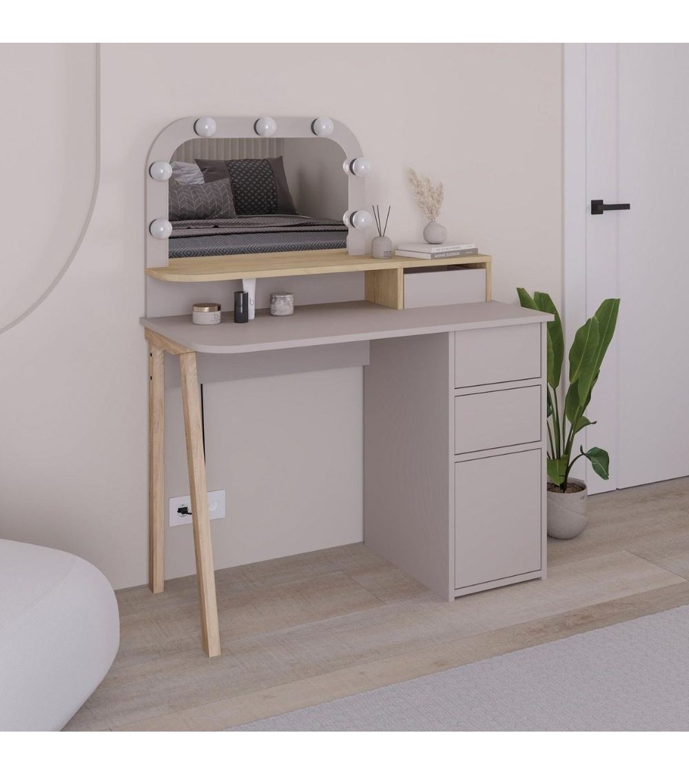Toeletta Avien con specchio con cornice luci LED colore tortora e rovere