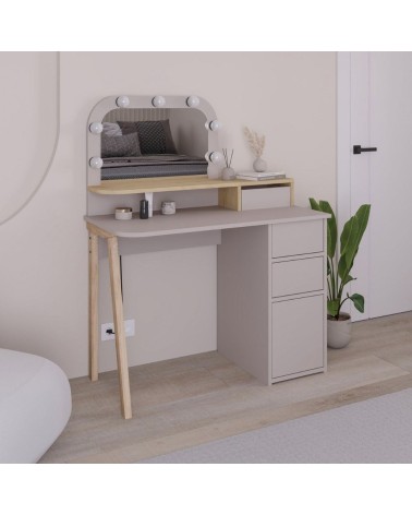 Toeletta Avien con specchio con cornice luci LED colore tortora e rovere