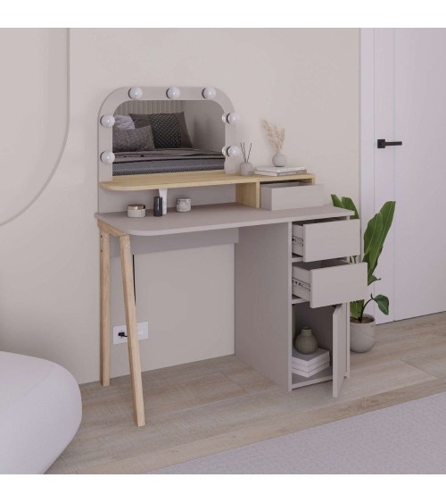 Toeletta Avien con specchio con cornice luci LED colore tortora e rovere