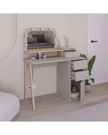 Toeletta Avien con specchio con cornice luci LED colore tortora e rovere