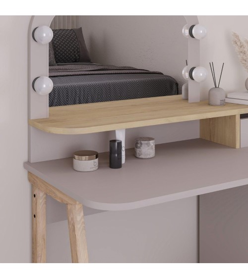 Toeletta Avien con specchio con cornice luci LED colore tortora e rovere