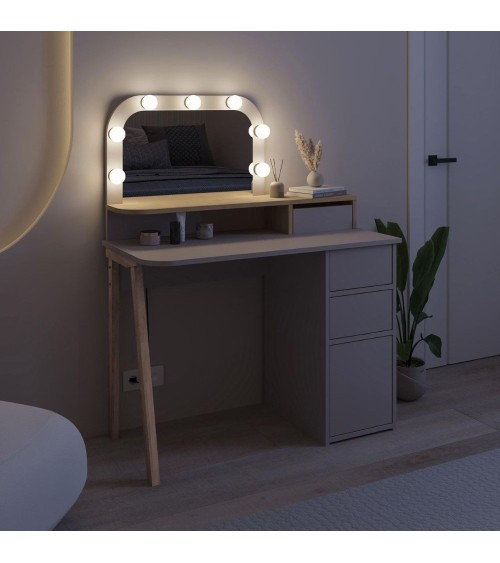 Toeletta Avien con specchio con cornice luci LED colore tortora e rovere