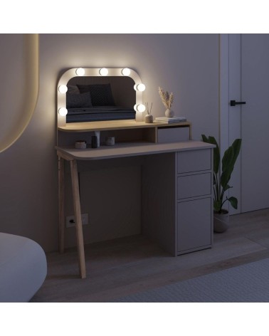 Toeletta Avien con specchio con cornice luci LED colore tortora e rovere