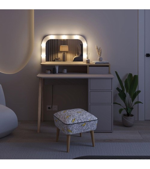 Toeletta Avien con specchio con cornice luci LED colore tortora e rovere