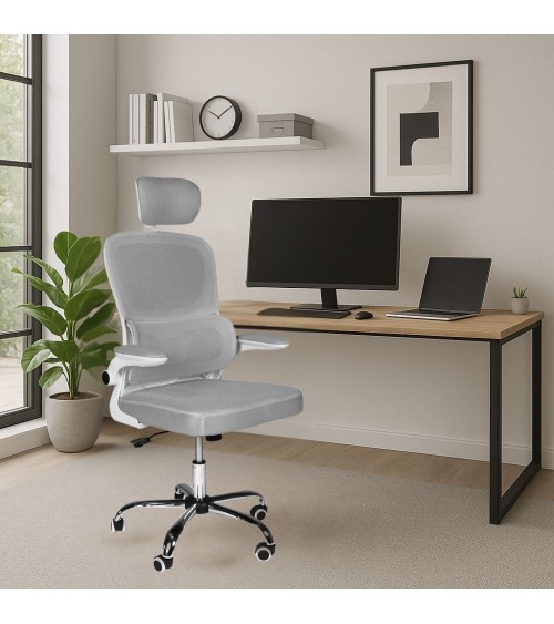 Sedia da ufficio ergonomica Vibes con struttura bianca e seduta in tessuto a rete grigio con base cromata