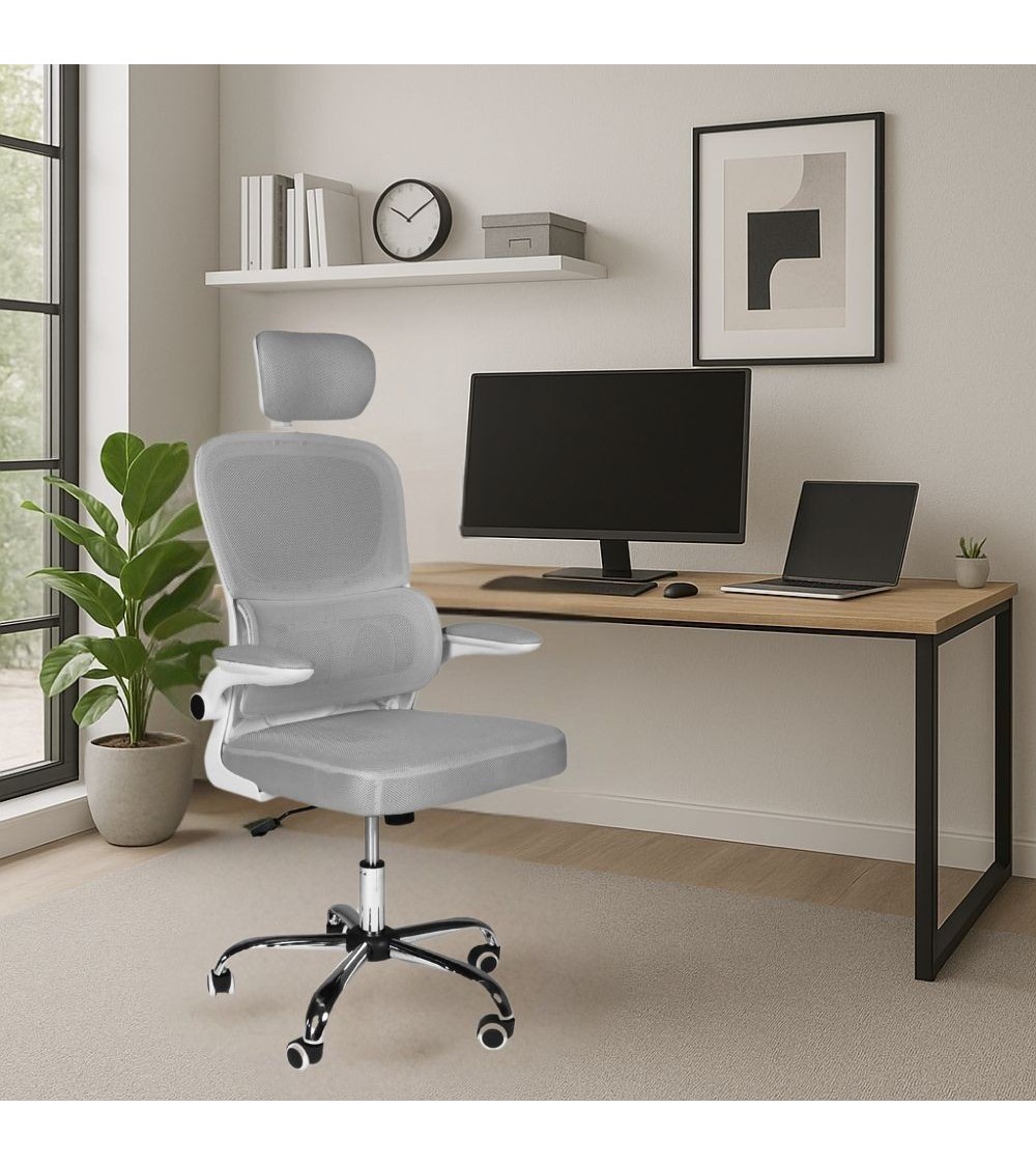Sedia da ufficio ergonomica Vibes con struttura bianca e seduta in tessuto a rete grigio con base cromata