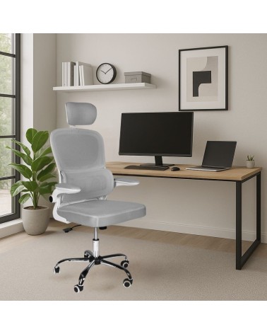 Sedia da ufficio ergonomica Vibes con struttura bianca e seduta in tessuto a rete grigio con base cromata