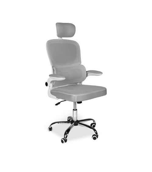 Sedia da ufficio ergonomica Vibes con struttura bianca e seduta in tessuto a rete grigio con base cromata