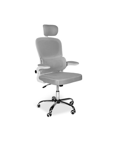 Sedia da ufficio ergonomica Vibes con struttura bianca e seduta in tessuto a rete grigio con base cromata