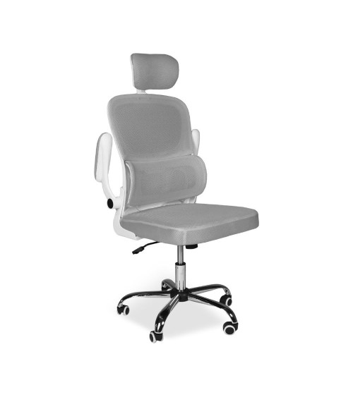 Sedia da ufficio ergonomica Vibes con struttura bianca e seduta in tessuto a rete grigio con base cromata