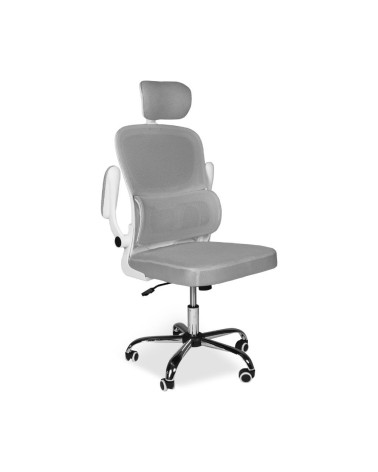 Sedia da ufficio ergonomica Vibes con struttura bianca e seduta in tessuto a rete grigio con base cromata