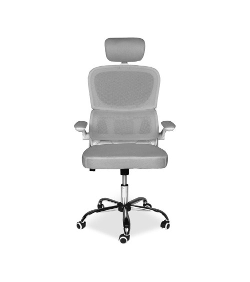Sedia da ufficio ergonomica Vibes con struttura bianca e seduta in tessuto a rete grigio con base cromata