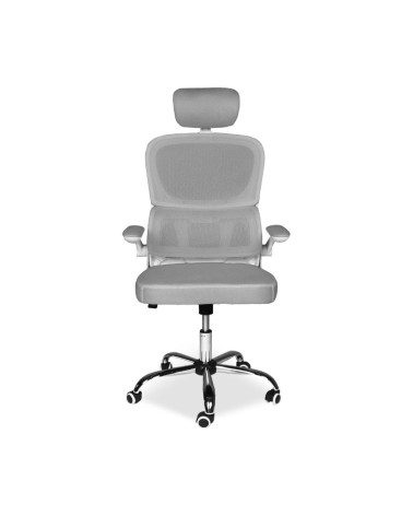 Sedia da ufficio ergonomica Vibes con struttura bianca e seduta in tessuto a rete grigio con base cromata