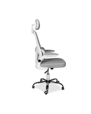 Sedia da ufficio ergonomica Vibes con struttura bianca e seduta in tessuto a rete grigio con base cromata