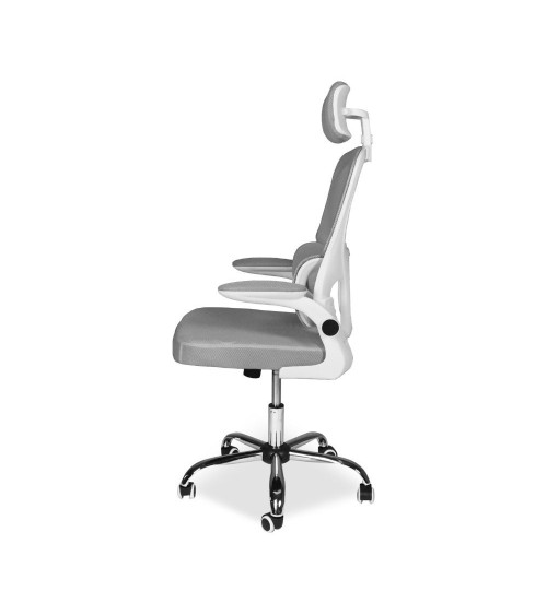 Sedia da ufficio ergonomica Vibes con struttura bianca e seduta in tessuto a rete grigio con base cromata