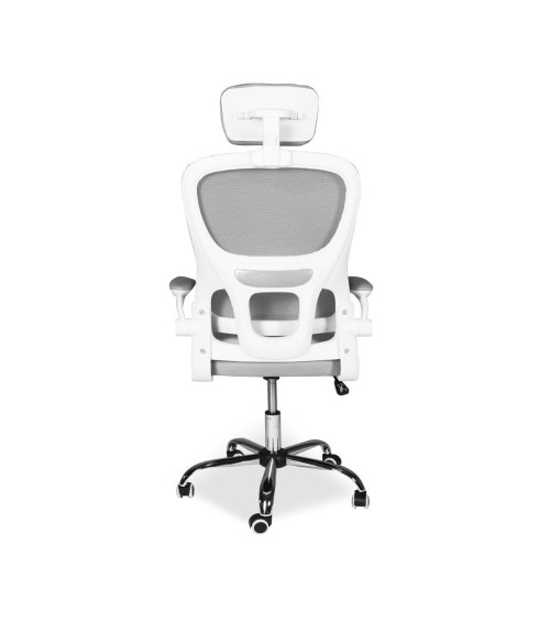 Sedia da ufficio ergonomica Vibes con struttura bianca e seduta in tessuto a rete grigio con base cromata
