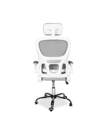 Sedia da ufficio ergonomica Vibes con struttura bianca e seduta in tessuto a rete grigio con base cromata