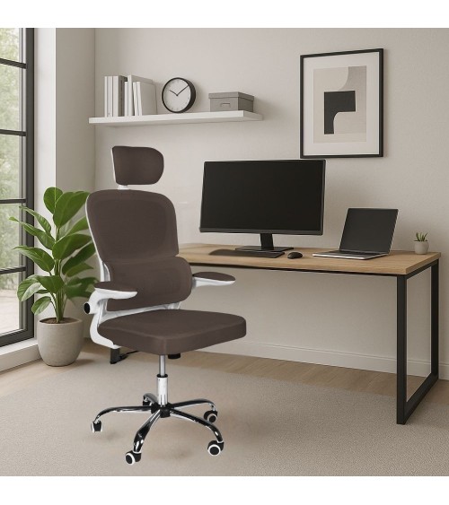 Sedia da ufficio ergonomica Vibes con struttura bianca e seduta in tessuto a rete tortora con base cromata