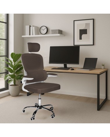 Sedia da ufficio ergonomica Vibes con struttura bianca e seduta in tessuto a rete tortora con base cromata
