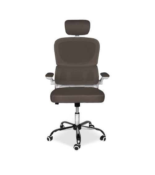Sedia da ufficio ergonomica Vibes con struttura bianca e seduta in tessuto a rete tortora con base cromata