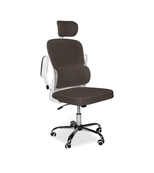 Sedia da ufficio ergonomica Vibes con struttura bianca e seduta in tessuto a rete tortora con base cromata