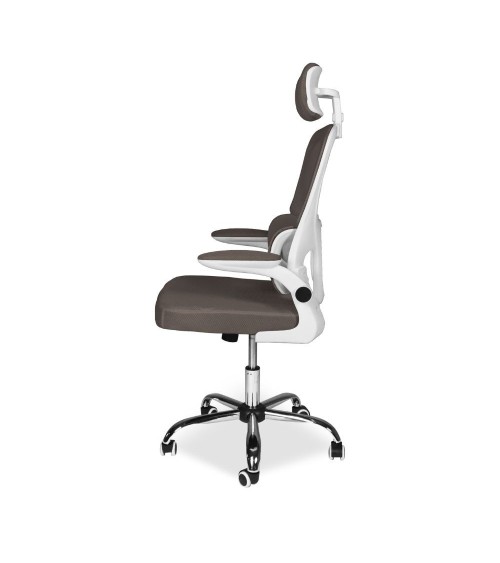 Sedia da ufficio ergonomica Vibes con struttura bianca e seduta in tessuto a rete tortora con base cromata