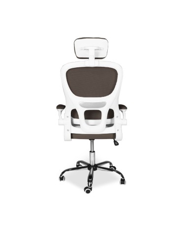 Sedia da ufficio ergonomica Vibes con struttura bianca e seduta in tessuto a rete tortora con base cromata