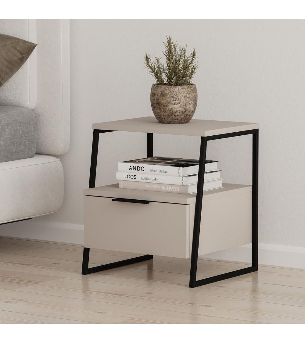 Comodino Pal con struttura cashmere e gambe in metallo nero