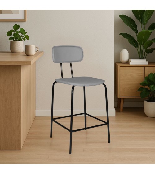 Sgabello Glami in pvc effetto cuoio grigio con struttura in metallo nera