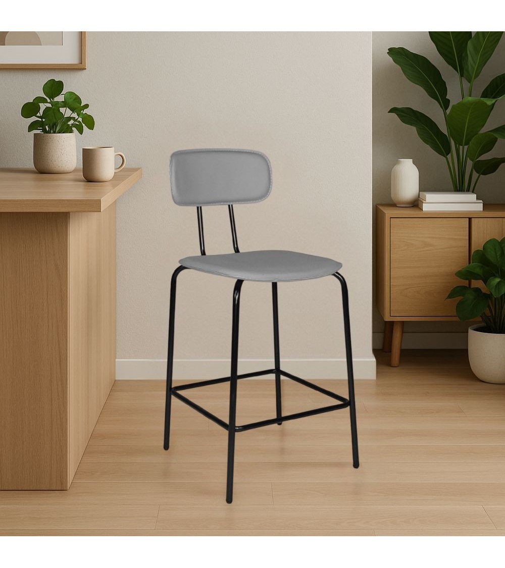 Sgabello Glami in pvc effetto cuoio grigio con struttura in metallo nera