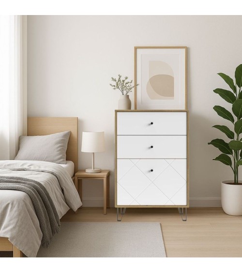 Cassettiera Bollo BO18 2 cassetti e un cassetto con anta a ribalta con dettaglio geometrico colore rovere artisan e bianco