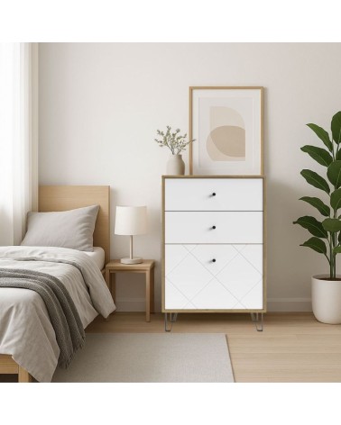 Cassettiera Bollo BO18 2 cassetti e un cassetto con anta a ribalta con dettaglio geometrico colore rovere artisan e bianco