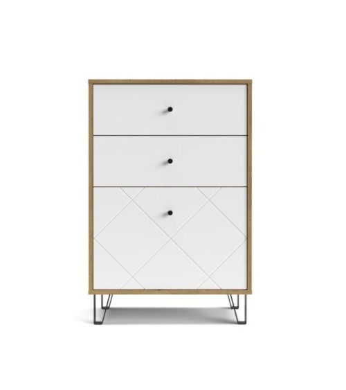 Cassettiera Bollo BO18 2 cassetti e un cassetto con anta a ribalta con dettaglio geometrico colore rovere artisan e bianco