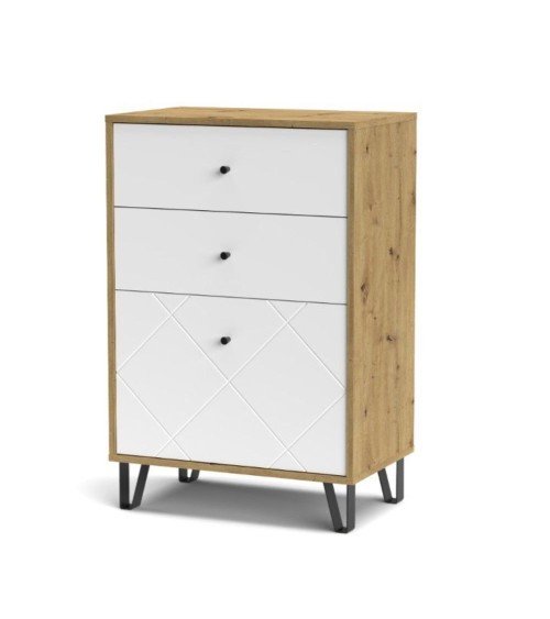 Cassettiera Bollo BO18 2 cassetti e un cassetto con anta a ribalta con dettaglio geometrico colore rovere artisan e bianco