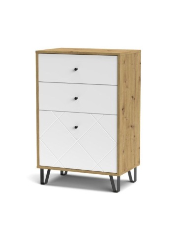 Cassettiera Bollo BO18 2 cassetti e un cassetto con anta a ribalta con dettaglio geometrico colore rovere artisan e bianco