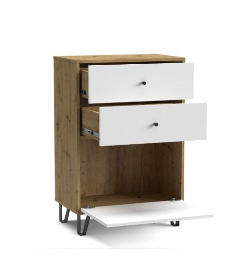 Cassettiera Bollo BO18 2 cassetti e un cassetto con anta a ribalta con dettaglio geometrico colore rovere artisan e bianco