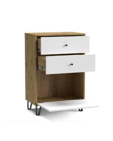 Cassettiera Bollo BO18 2 cassetti e un cassetto con anta a ribalta con dettaglio geometrico colore rovere artisan e bianco
